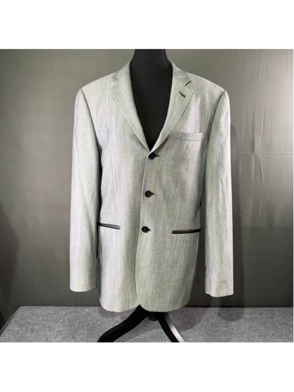 John Varvatos Blazer Mens 38R Wool Tailored Leather Trim Designer Gray